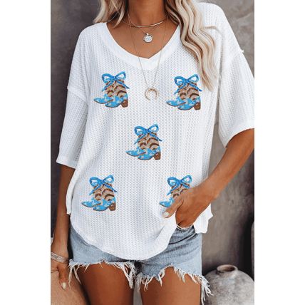 White Patriotic Bow Boots Patched Breathable Texture V Neck Loose Tee