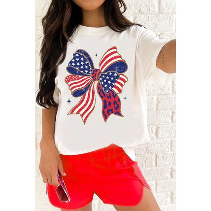 White Stars and Stripes Bow Print 4th of July T Shirt