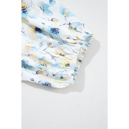 Sky Blue Stripe Floral Three Quarter Sleeves Patchwork Drop Shoulder Top