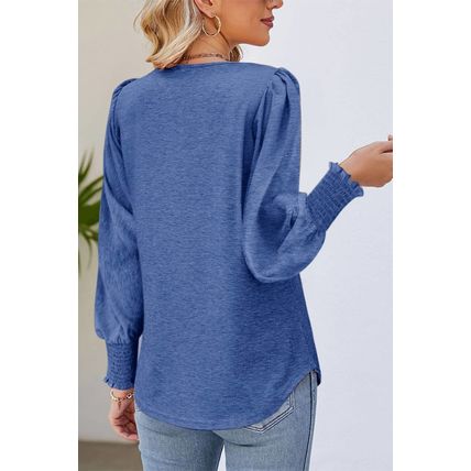 Sky Blue Shirred Shoulder Frilled Cuffs Long Sleeve Top
