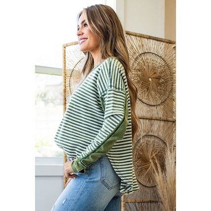 Green Stripe Thermal Knit Drop Shoulder Casual Top