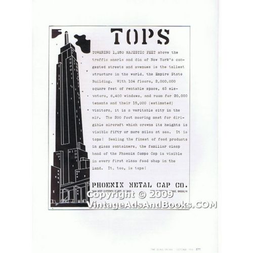 PHOENIX METAL CAP COMPANY 1938 Empire State screw top glass vintage ad