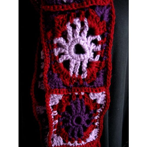 Handmade Crochet Washable Acrylic Scarf in red, lavender & violet, 68"