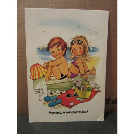 boy and girl on beach, lovely time used postcard 1977 pm. Mabel Lucy Atwell #