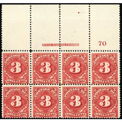 J40, Mint NH 3¢ TOP Plate Block of Eight Stamps SCV $2200.00 - Stuart Katz