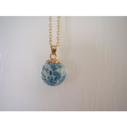 Vintage Necklace Blue Flower Glass Globe Ball Pendant on 22" Gold-Plated Chain