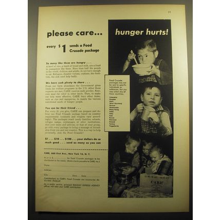1960 CARE Food Crusade Package Ad - Please care.. hunger hurts
