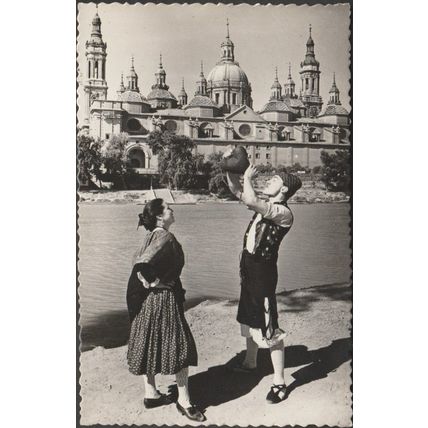 A Orillas del Ebro y El Pilar, Zaragoza, c.1950 - Ed Sicilia Foto Tarjeta Postal