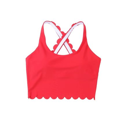 Fiery Red Scalloped Crossed Straps Cropped Bikini Top