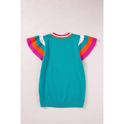 Turquoise Contrast Flutter Sleeves Knitted Sweater T Shirt