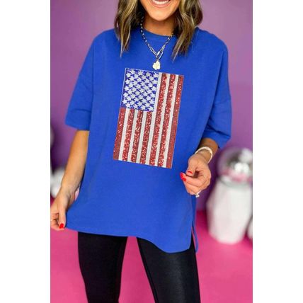 Dark Blue Sequin American Flag Graphic Split Baggy T Shirt