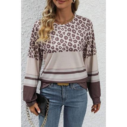 Brown Leopard Color Block Crewneck Long Sleeve Top