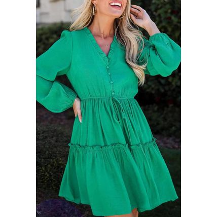 Sea Green Frilly V Neck Puff Sleeve Drawstring Shift Mini Dress