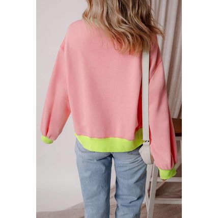 Pink Teacher Lightning Checkered Print Color Block Sweatshirt