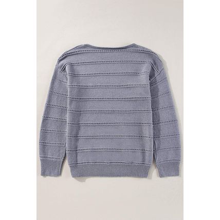 Light Grey Boat Neck Drop Shoulder Pointelle Knit Sweater