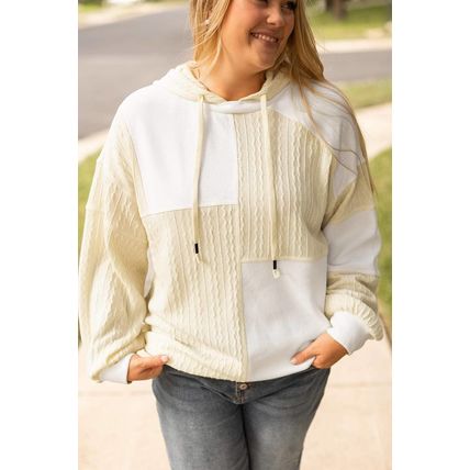Beige Textured Patchwork Exposed Seam Plus Size Hoodie