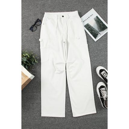 White High Waist Straight Leg Cargo Pants with Pockets
