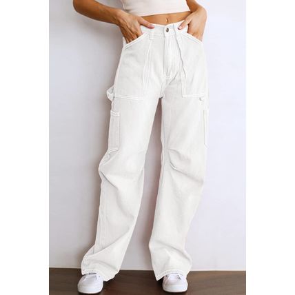 White High Waist Straight Leg Cargo Pants with Pockets
