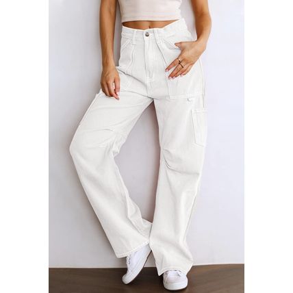 White High Waist Straight Leg Cargo Pants with Pockets