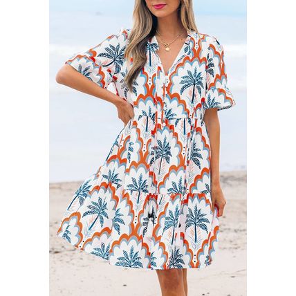 Orange Contrast Palm Tree Printed Short Sleeve Flowy Dress