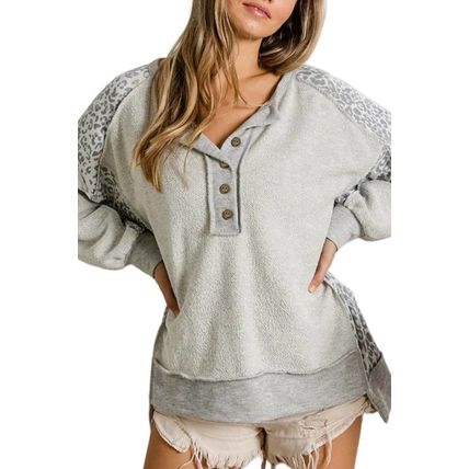 Gray Leopard Patchwork Exposed Seam Buttoned Neck Sweatshirt