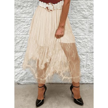 Apricot Lace Cascading Tiered High Waist Maxi Skirt