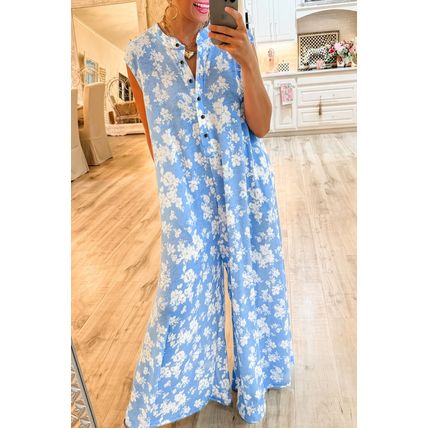 Myosotis Floral Print Half Button Wide Leg Relaxed Sleeveless Jumpsuit