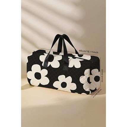Black Flower Print Quilted Large Duffel Bag