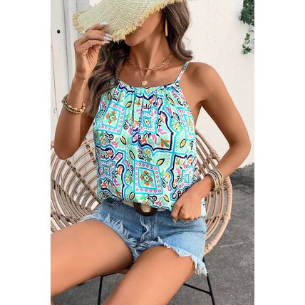 White Rhinestone Boho Floral Printed Spaghetti Strap Tank Top