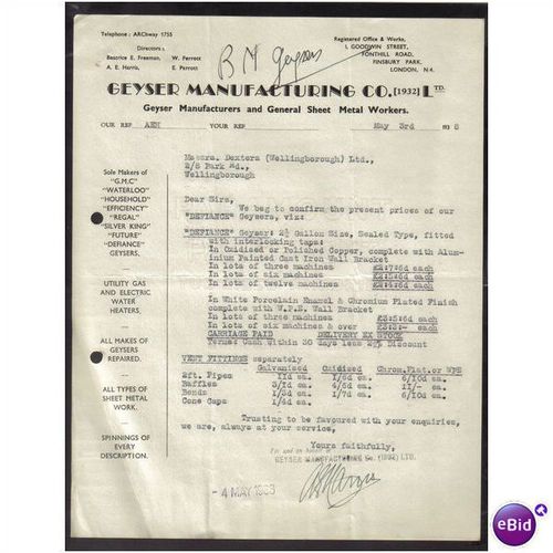 GEYSER MANUFACTURING CO LTD,FINSBURY PARK,LONDON,N4, 3MAY1938