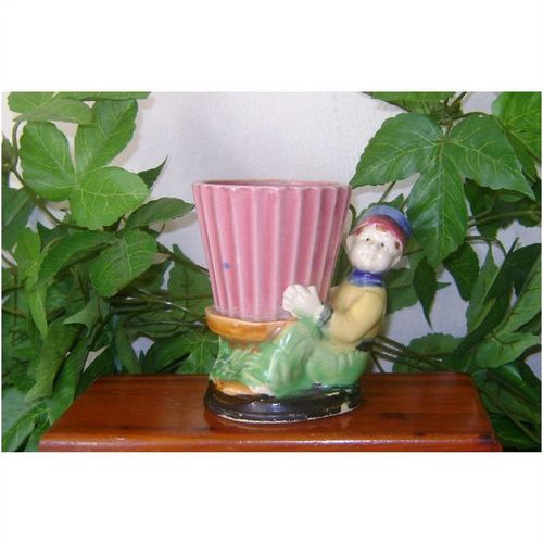 Vintage Porcelain Japanese Planter With Boy Holding Planter Excellent Condition!