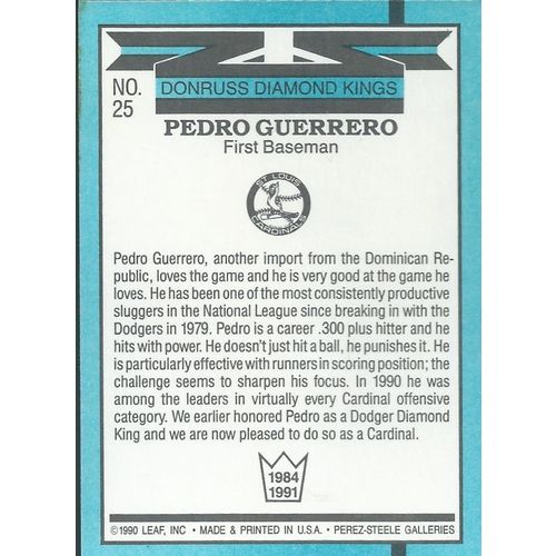 1991 Donruss Diamond Kings St Louis Cardinals Pedro Guerrero 25