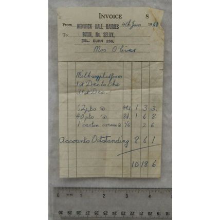 1961 invoice Henwick Hall Dairies, Burn, Nr. Selby