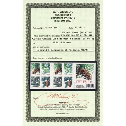 4481e, Die Cutting Omitted ERROR Pane of Evergreen Stamps With Cert Stuart Katz