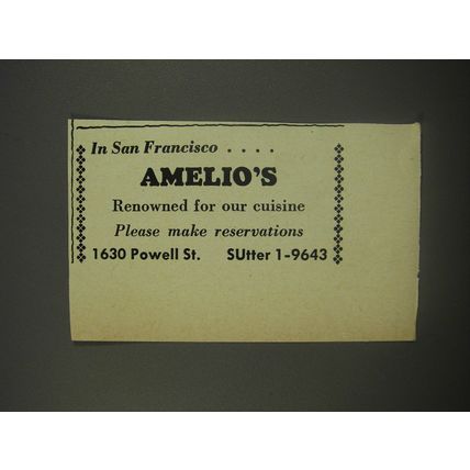 1956 Amelio's Restaurant Ad - In San Francisco.. Amelio's