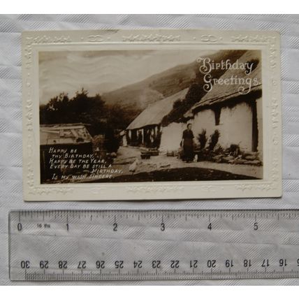 1926 Greetings postcard Birthday Greetings, Thatched Cottages