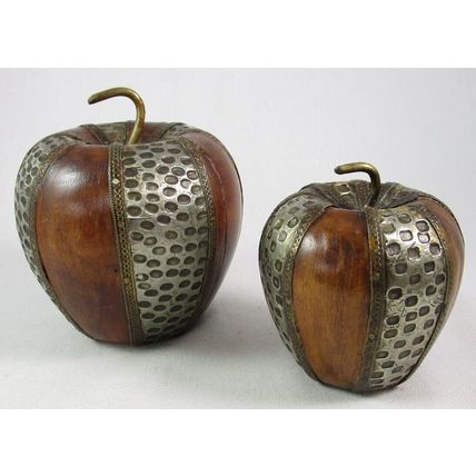 Pair of Heavy Wooden Apples w/ Metallic Accents, 1 Big & 1 Small, High End Decor