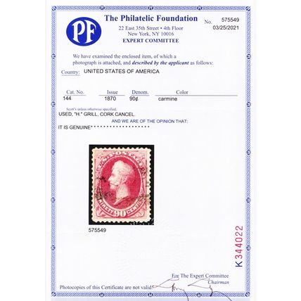 144, Used 90¢ VF And RARE - Light Cancel - PFC Certificate - Stuart Katz