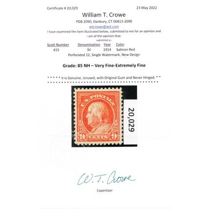 415, Mint VF/XF NH 9¢- With Crowe Certificate - Stuart Katz