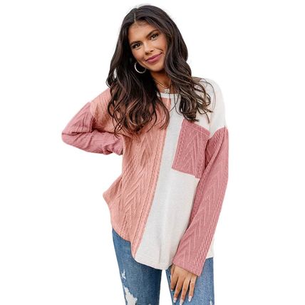 Peach Blossom Long Sleeve Colorblock Chest Pocket Textured Knit Top