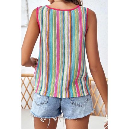 Rose Stripe Rainbow Eyelet Knit Button Decor Tank Top