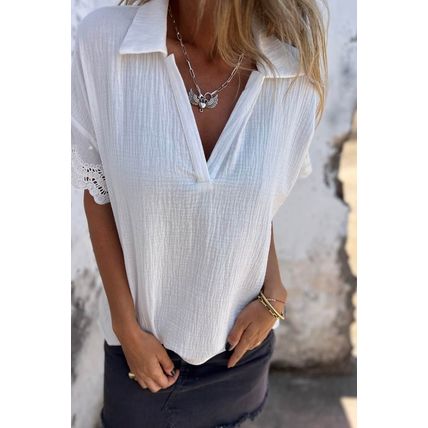 White Crinkled Lace Splicing Sleeve Collared V Neck Blouse