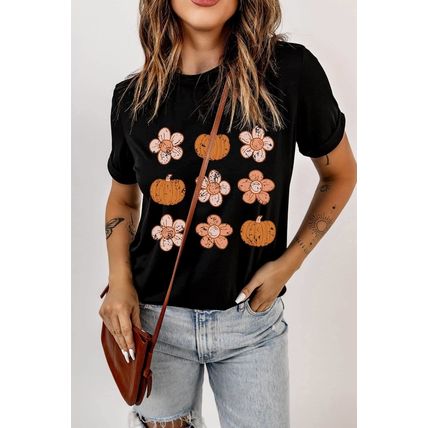 Black Pumpkin Flower Print Short Sleeve Graphic Top