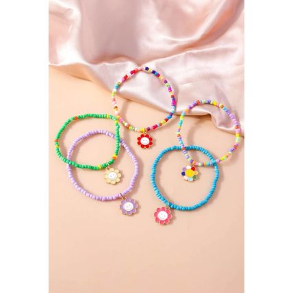 Light Blue 5pcs Smiley Flower Pendant Beaded Bracelet Set