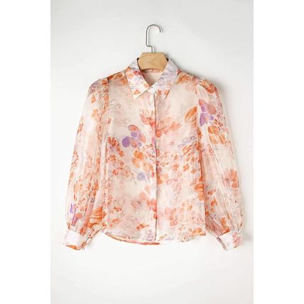 White Floral Print Collared Balloon Sleeve Loose Shirt