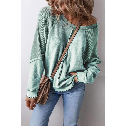 Mineral Blue Waffle Knit Patchwork Exposed Seam Raglan Sweatshirt