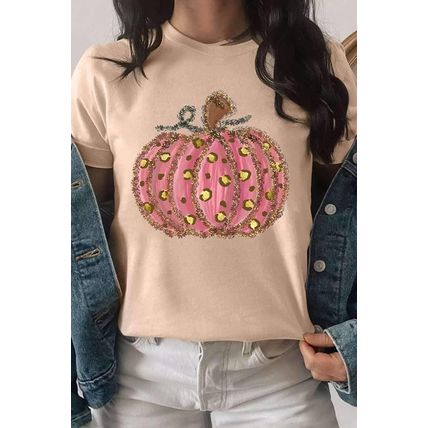 Khaki Cheetah Pumpkin Print Round Neck T Shirt