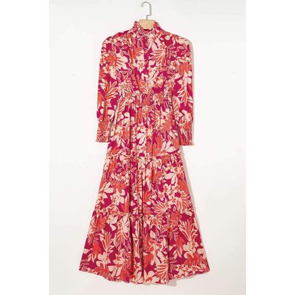 Rose Floral Print Buttoned Smocked High Waist Maxi Dress