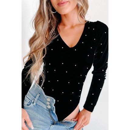 Black Velvet Beaded Long Sleeve V Neck Bodysuit