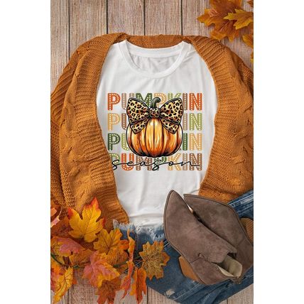 White PUMPKIN Season Leopard Bow Print Crew Neck T Shirt
